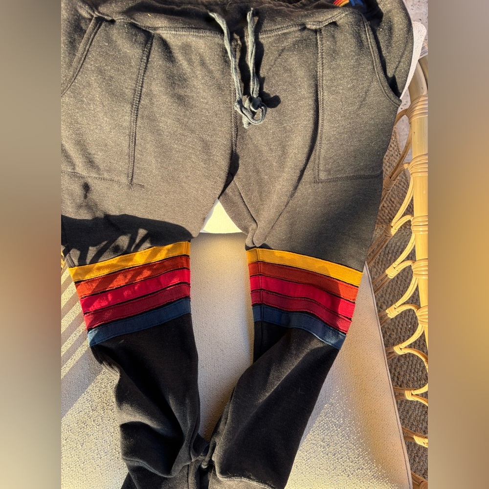Aviator Nation Black/Charcoal Joggers with Rainbow Stripes and pockets